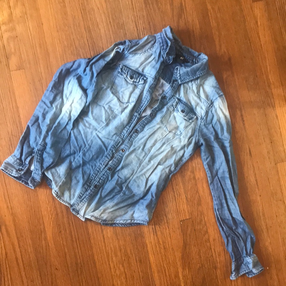 Distressed jean button down shirt